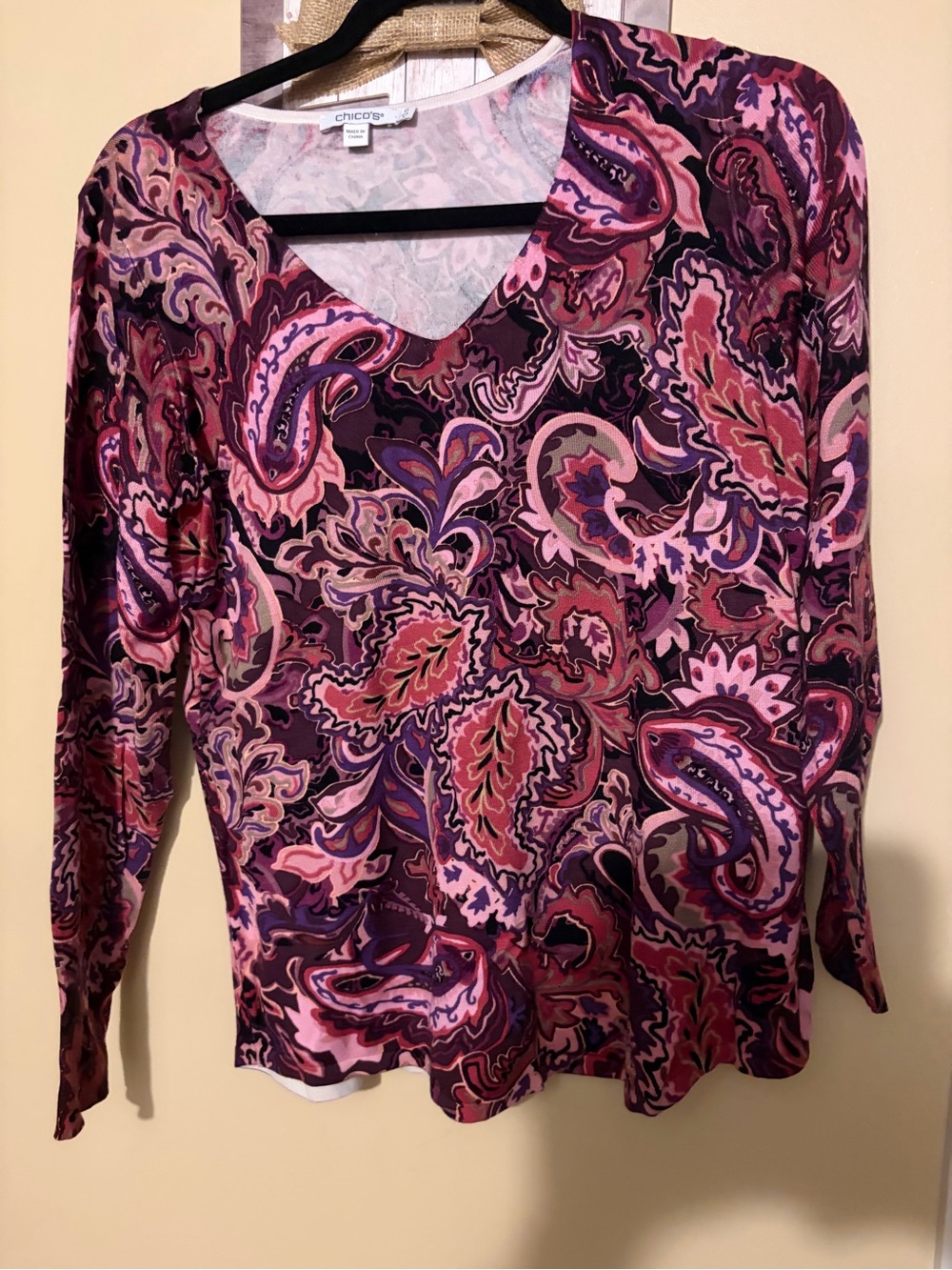 Chico's Pink & Purple Paisley V-Neck Long Sleeve Top